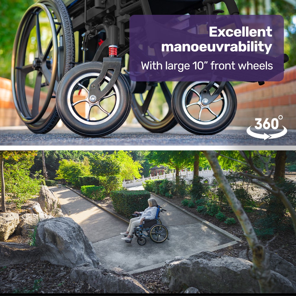 EQUIPMED Electric Wheelchair Folding, Long Range, Airline Approved, Lithium Battery, 24" Light Rear Wheels, Matte Black/Blue