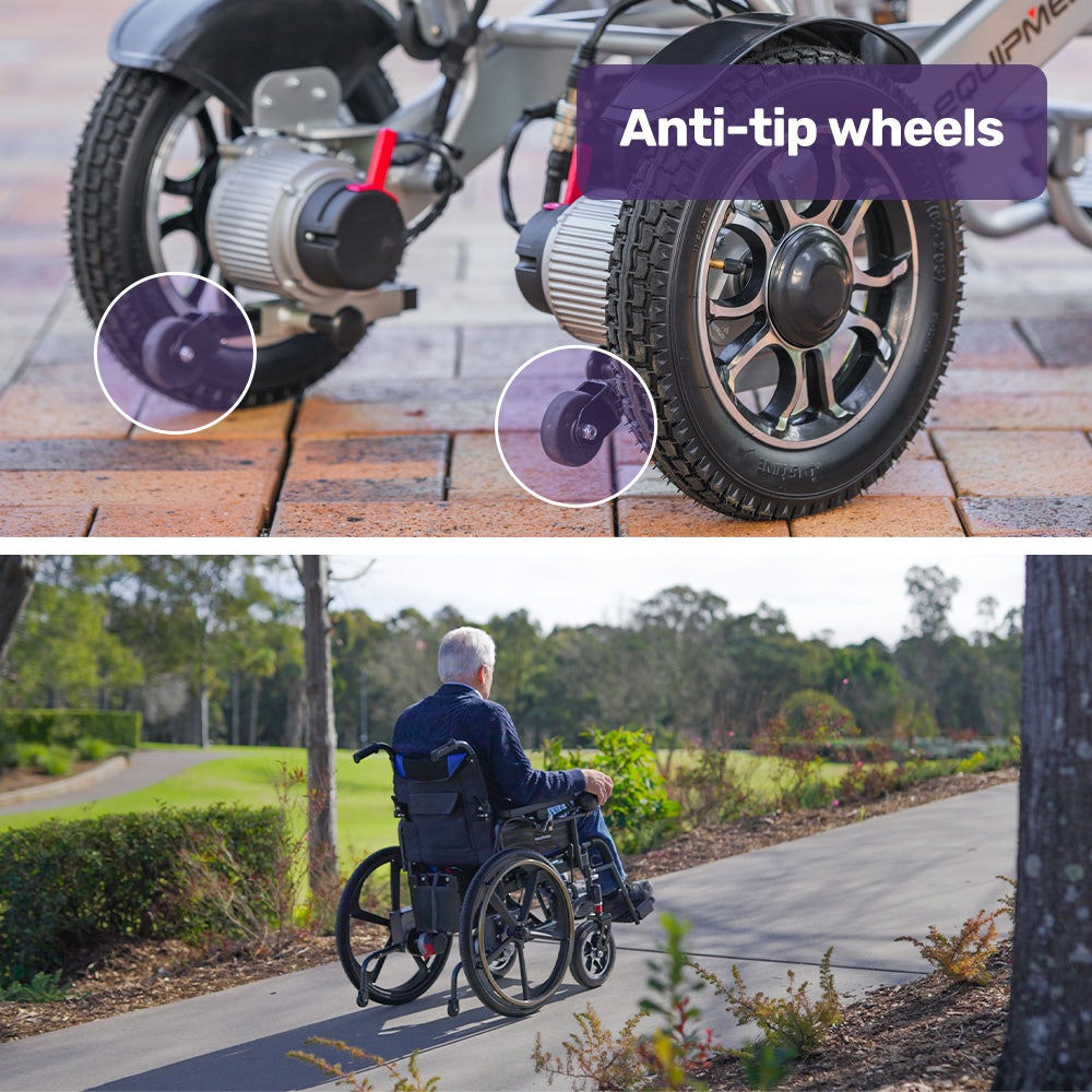 EQUIPMED Electric Wheelchair Folding, Long Range, Airline Approved, Lithium Battery, 24" Light Rear Wheels, Matte Black/Blue