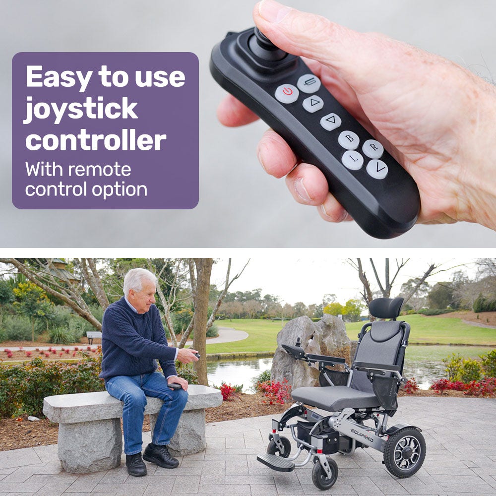 EQUIPMED Power Electric Wheelchair, Long Range, Airline Approved, Alloy, Remote Control, Lithium Battery, Black/Silver