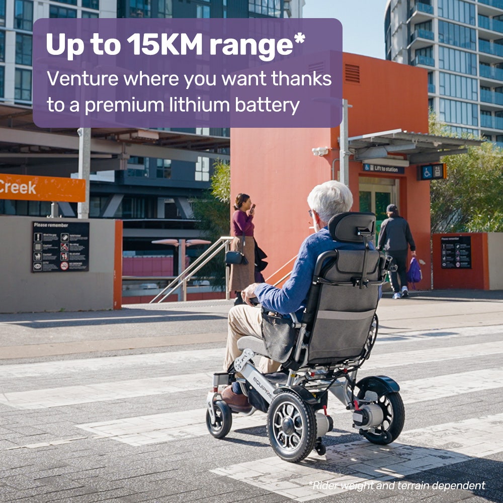 EQUIPMED Power Electric Wheelchair, Long Range, Airline Approved, Alloy, Remote Control, Lithium Battery, Black/Silver
