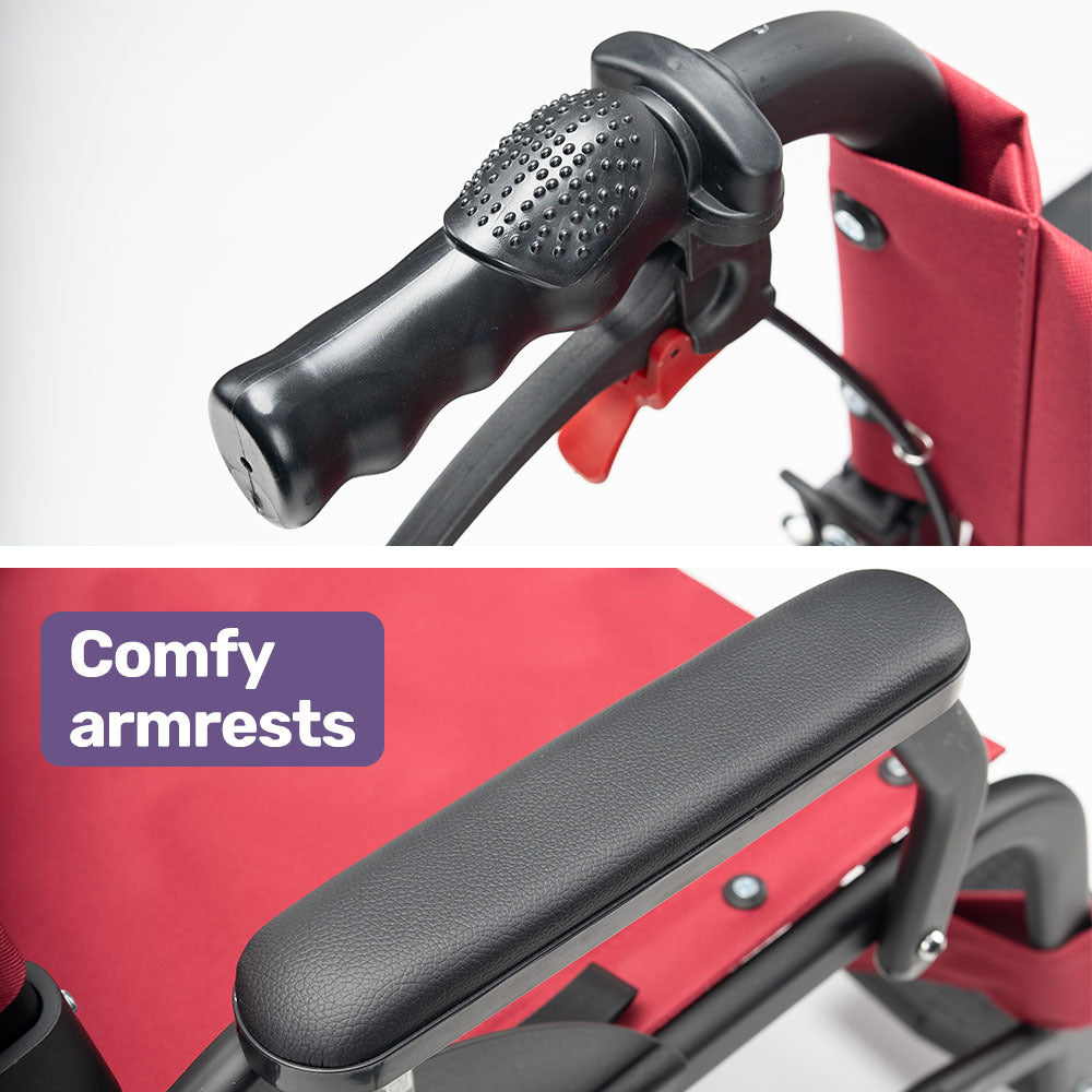 Equipmed Folding Transit Wheelchair, Lightweight Aluminium for Easy Transport, Crimson Red