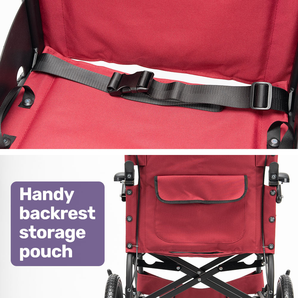 Equipmed Folding Transit Wheelchair, Lightweight Aluminium for Easy Transport, Crimson Red