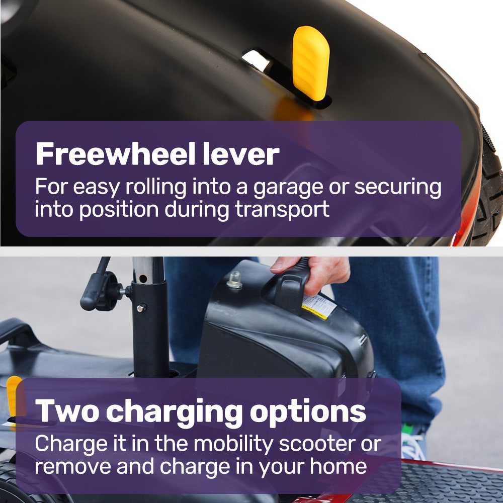EQUIPMED FreeLite+ Mid-Sized Foldable Electric Mobility Scooter, Lithium Battery, Long Range and Easy Charging, Red