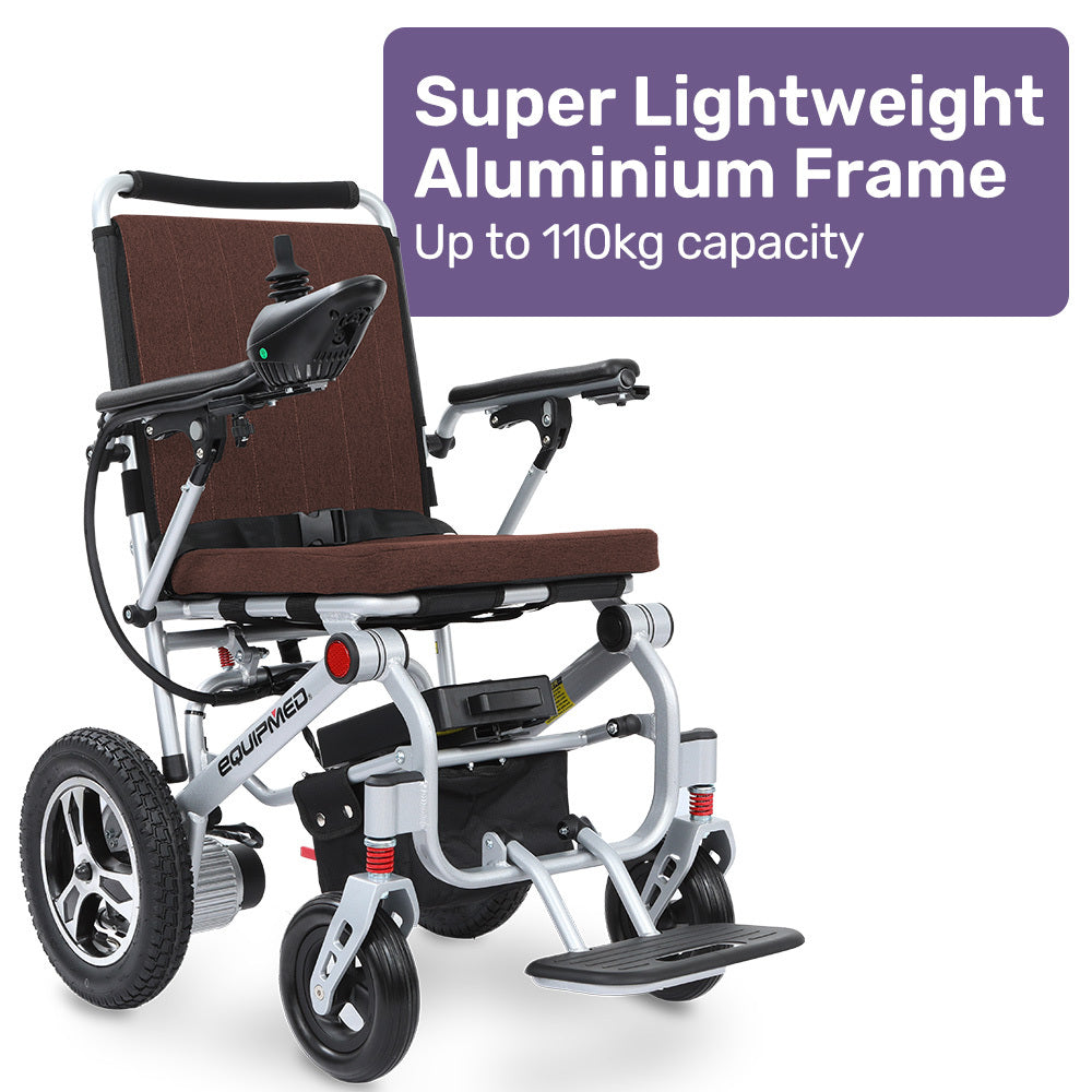 EQUIPMED Ultra-Light Power Wheelchair, Tight Turning Electric Motorised Wheel Chair, Folding, ARTG Certified, Aluminium Frame, Lithium Battery, Brown
