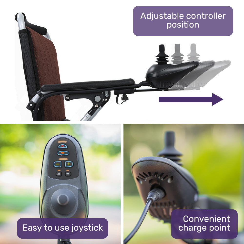 EQUIPMED Ultra-Light Power Wheelchair, Tight Turning Electric Motorised Wheel Chair, Folding, ARTG Certified, Aluminium Frame, Lithium Battery, Brown