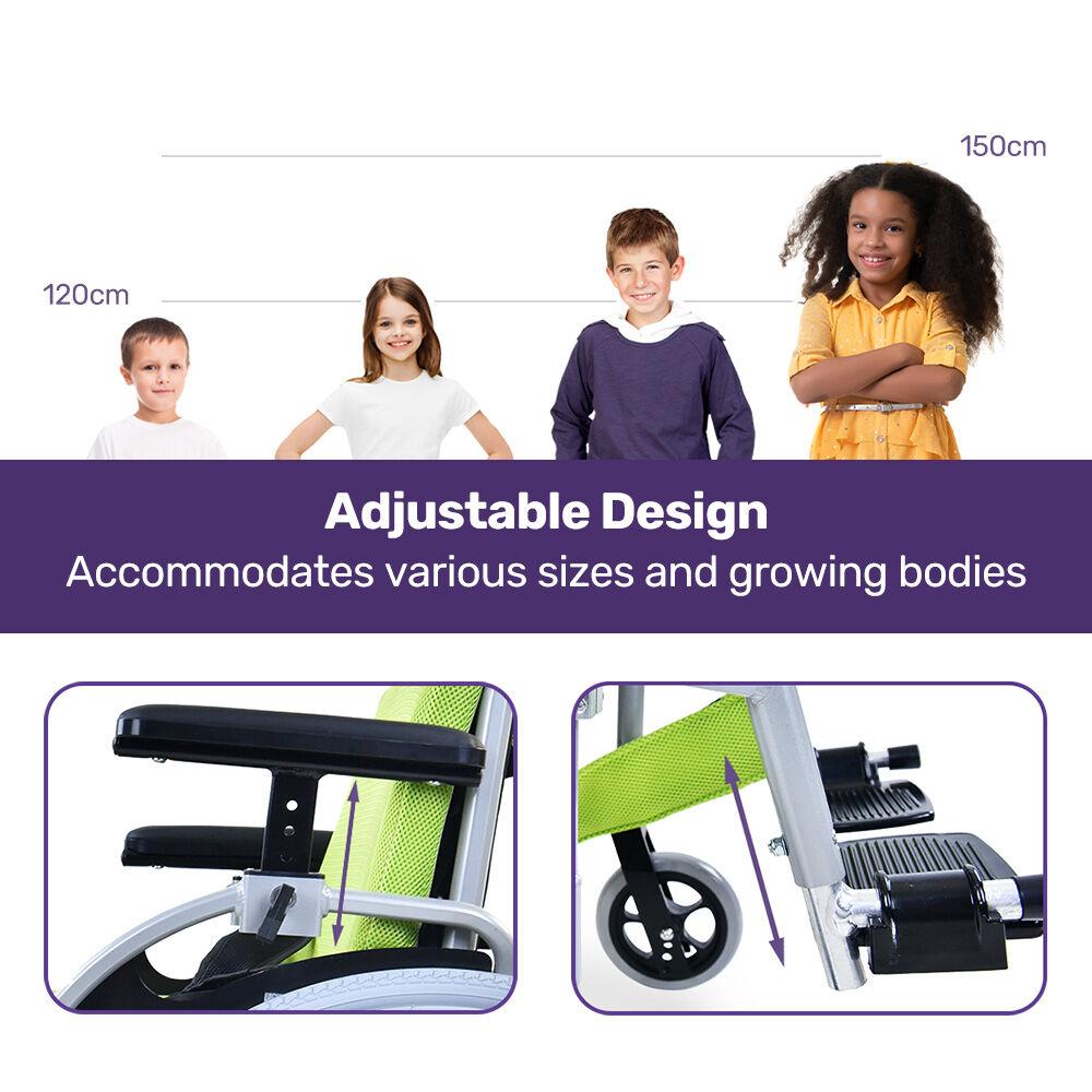 EQUIPMED Kids Premium Paediatric Wheelchair, Lightweight Aluminium, 22" Wheels, 75kg Rated, Green