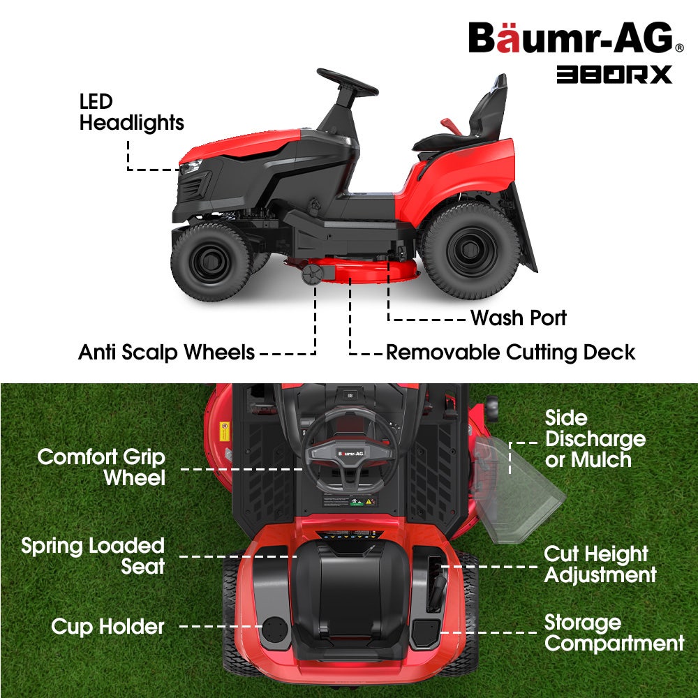 BAUMR-AG 38" Ride On Mower Lawn Tractor, Side Discharge or Mulch, Electric Start, 14hp 452cc, Hydrostatic, 100kg Towing, 7 Cut Heights