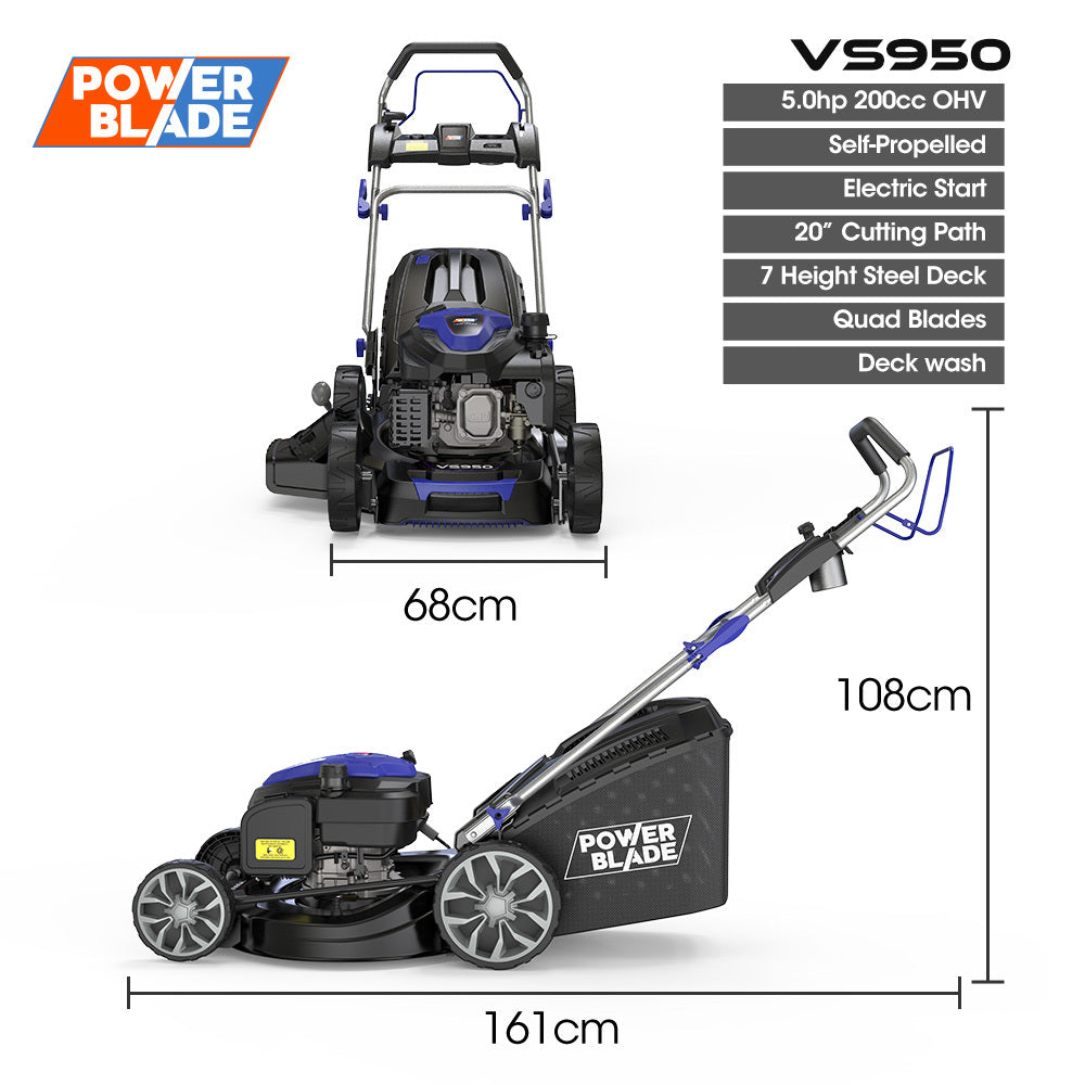 POWERBLADE 20" 200cc Self-Propelled Lawn Mower, Electric Start, 7 Height, Steel Deck, Deck Wash Port, OHV 4-Stroke Petrol - VS950