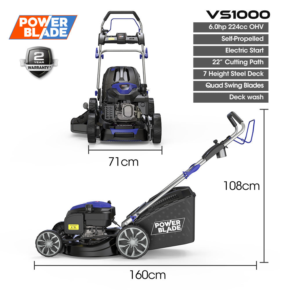 PowerBlade 22" 224cc Self-Propelled Lawn Mower, Electric Start, 7 Height, Steel Deck, Deck Wash Port, OHV 4-Stroke Petrol - VS1000