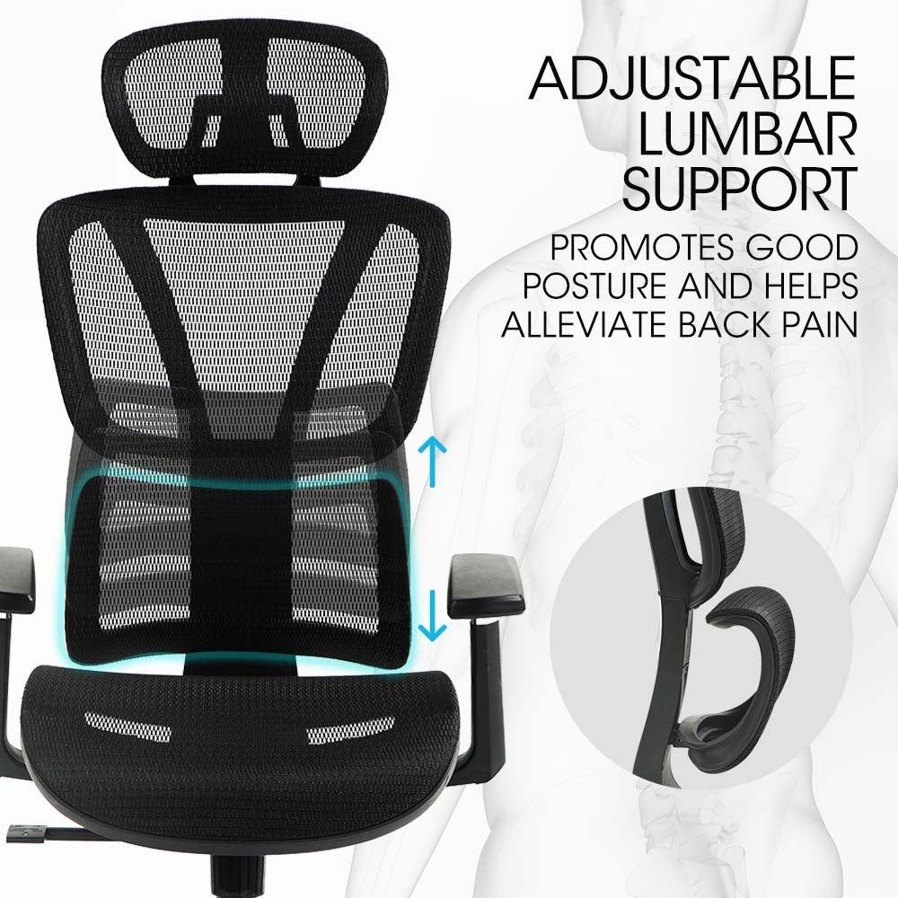 Fortia Ergonomic Office Desk Chair, Coolmesh Fabric, Adjustable Lumbar Support, Headrest, Armrest and Recline, Black Mesh/Black Frame
