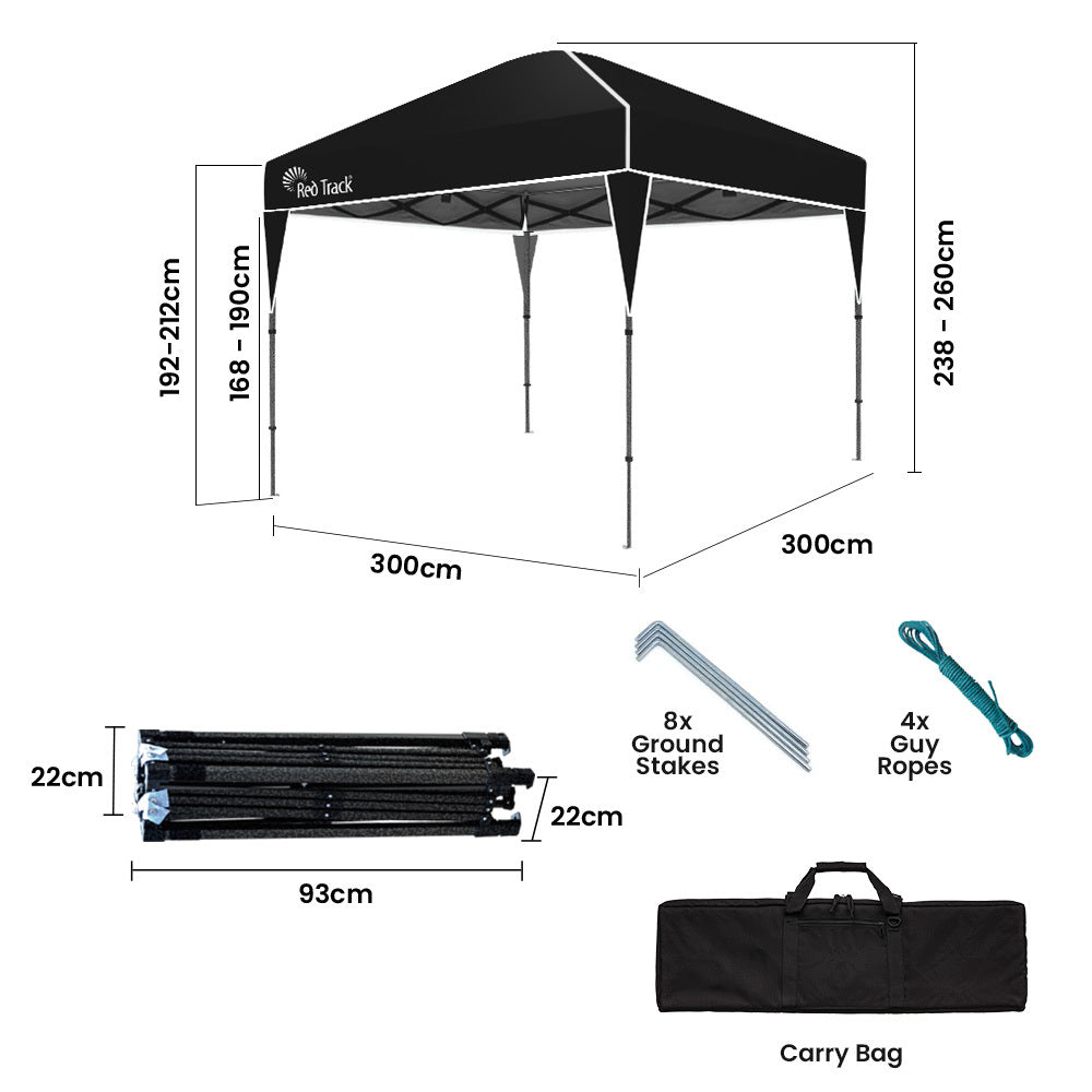 RED TRACK 3x3m Ultra Compact Folding Gazebo, Carry bag, Portable Outdoor Popup Marquee for Camping Beach, Black