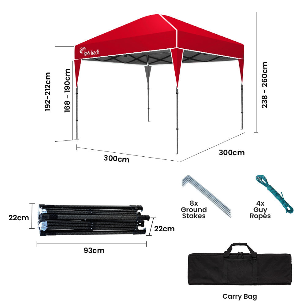 RED TRACK 3x3m Ultra Compact Folding Gazebo, Carry bag, Portable Outdoor Popup Marquee for Camping Beach, Red