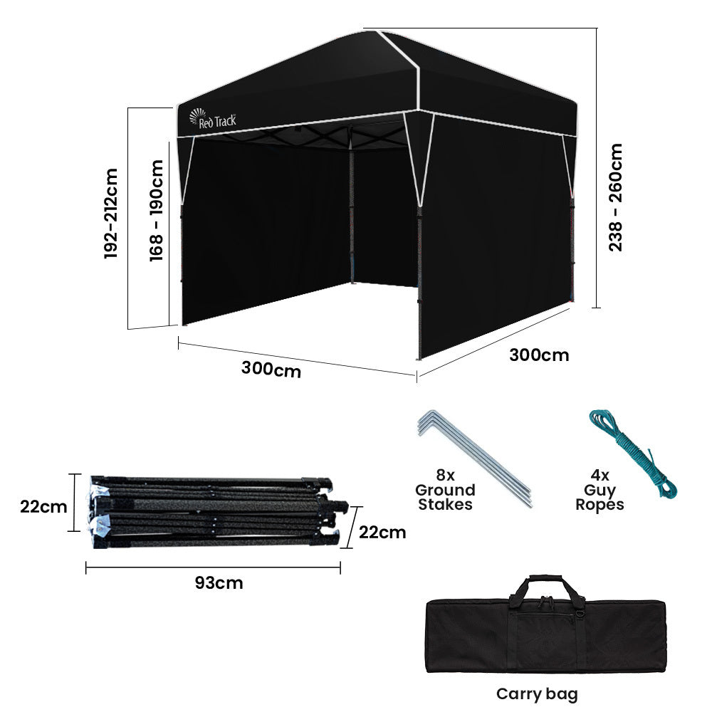 RED TRACK 3x3m Ultra Compact Folding Gazebo, Walls, Carry bag, Portable Outdoor Popup Marquee for Camping Beach, Black