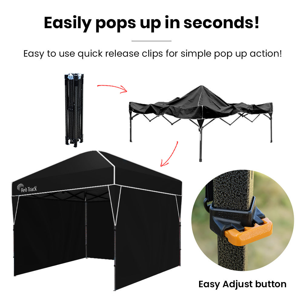 RED TRACK 3x3m Ultra Compact Folding Gazebo, Walls, Carry bag, Portable Outdoor Popup Marquee for Camping Beach, Black