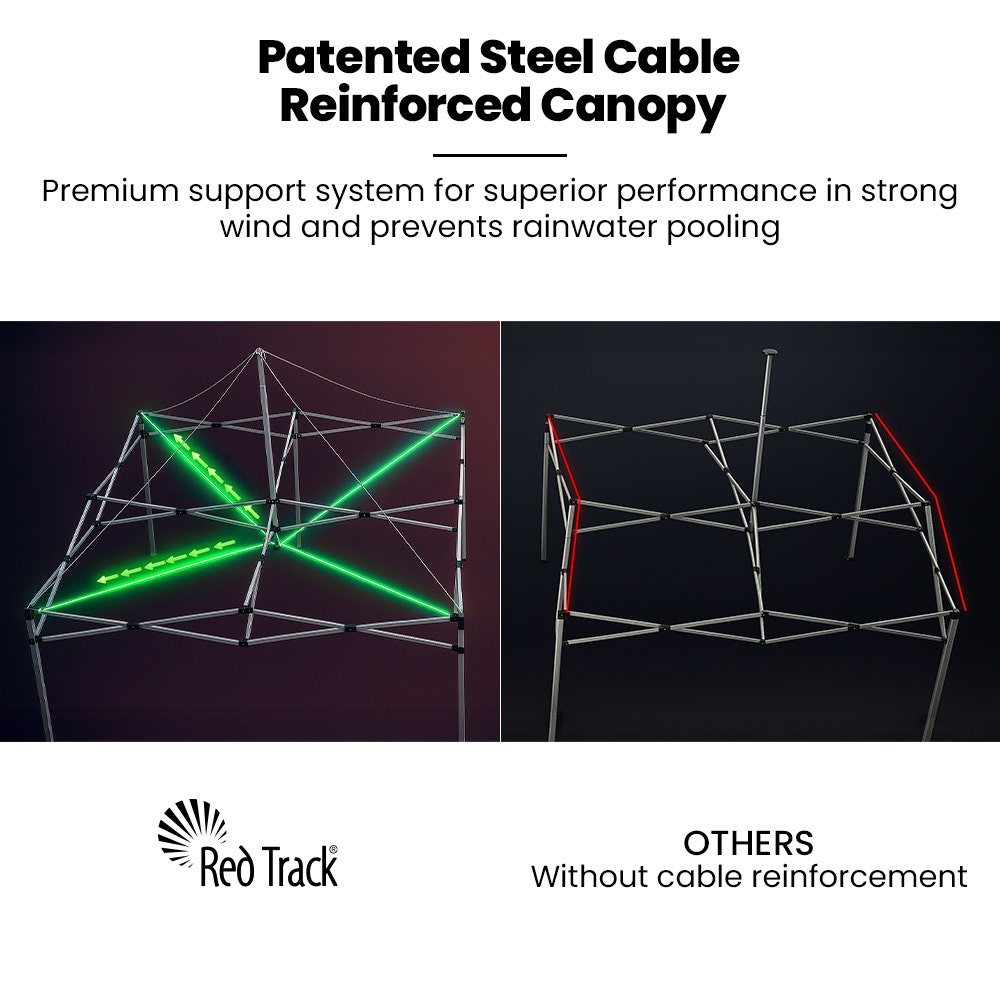 RED TRACK 3x3m Premium Pop Up Gazebo Marquee, Patented Steel Cable Canopy Support System, Wheeled Carry Bag, Side Walls, UV Block, Reinforced Frame, Black