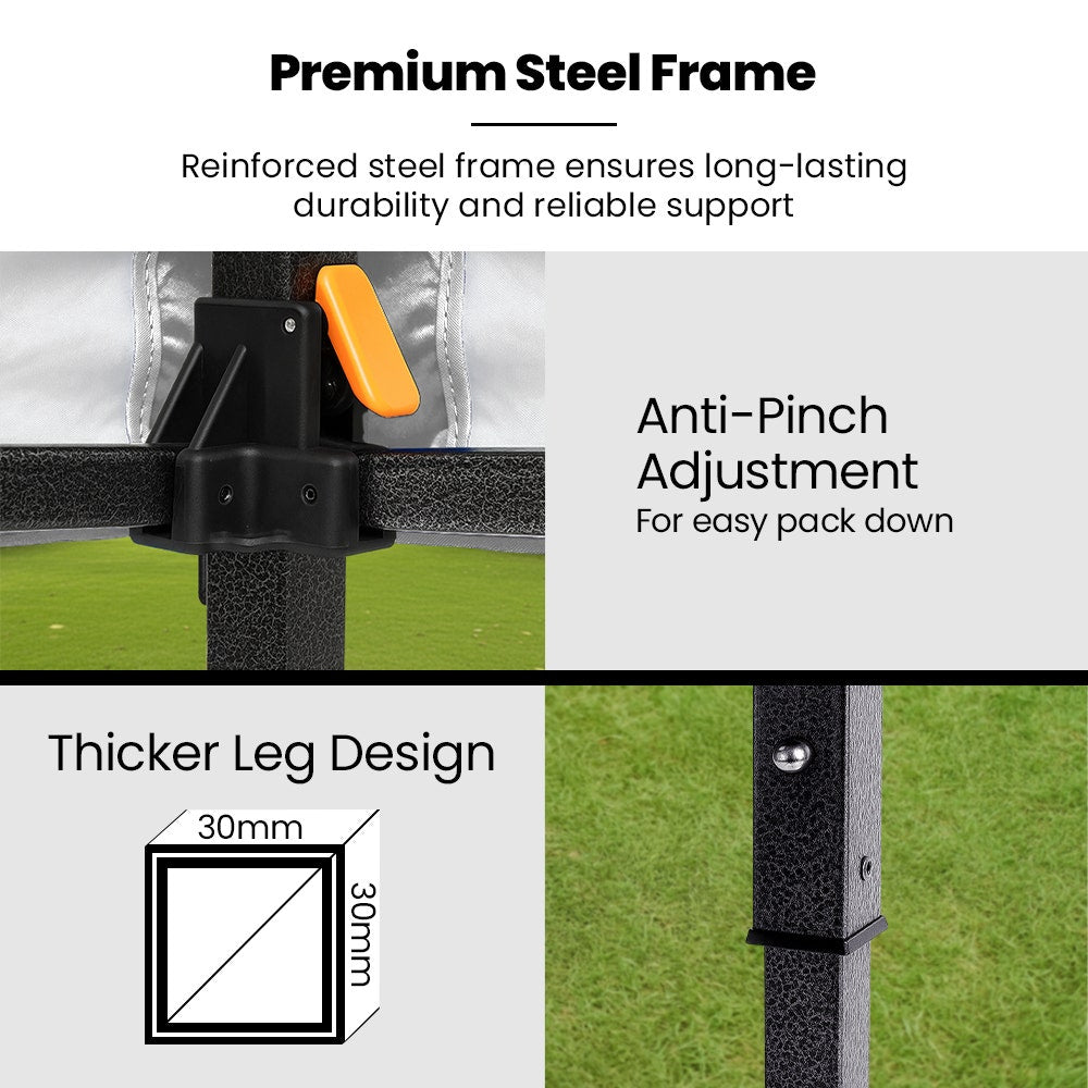 RED TRACK 3x3m Premium Pop Up Gazebo Marquee, Patented Steel Cable Canopy Support System, Wheeled Carry Bag, Side Walls, UV Block, Reinforced Frame, Black