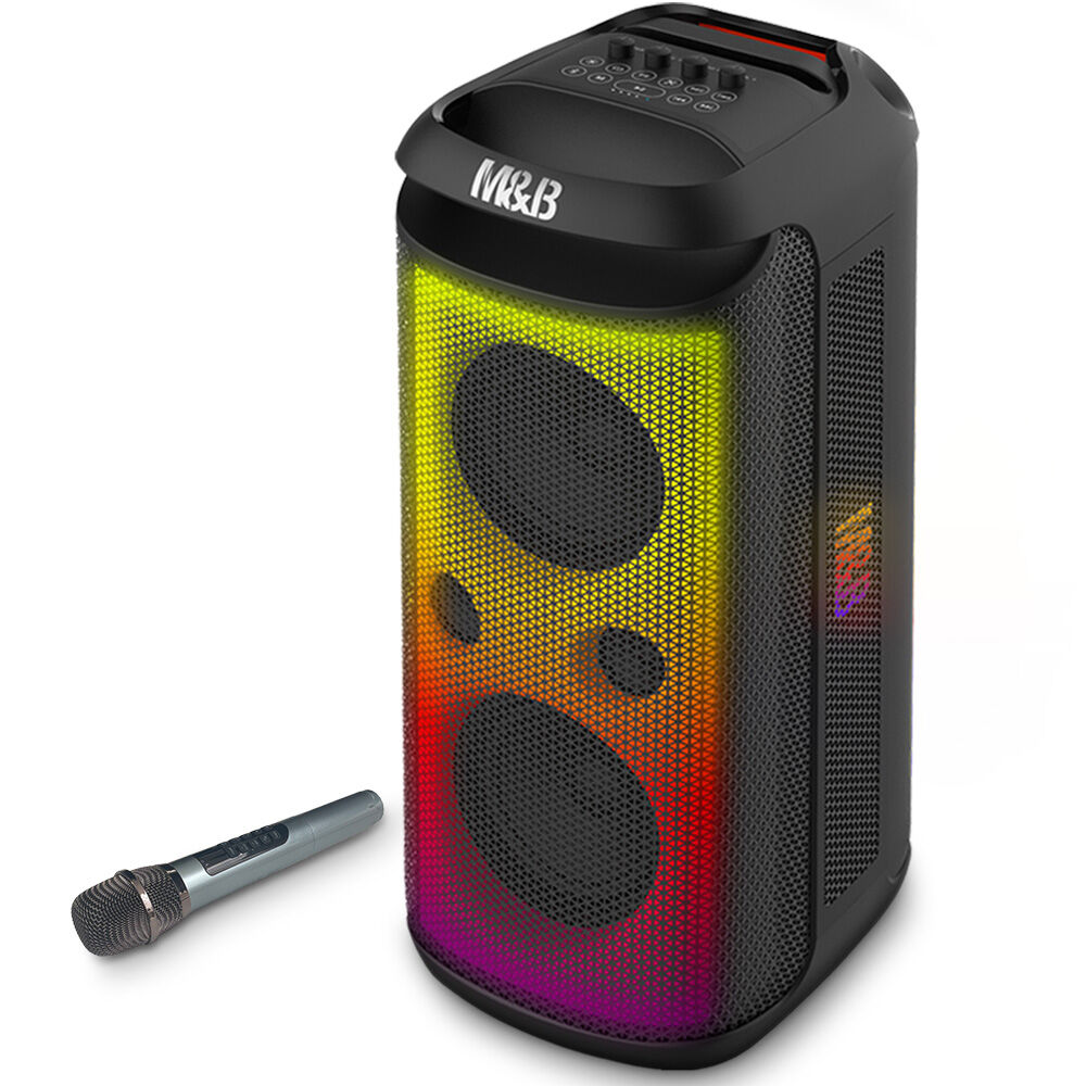 M&amp;B Portable Splash Proof 120W Bluetooth Party Speaker with Karaoke Microphone, IPX4, TWS Pairing, Multi-Input, Lithium Battery, RGB, USB Charging