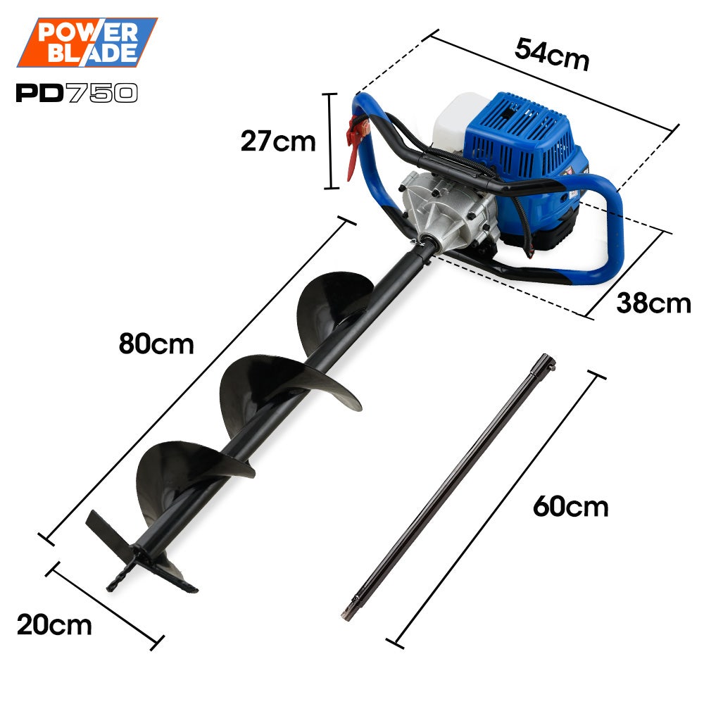 POWERBLADE PD750 52cc 2-Stroke Petrol Post Hole Digger, 200mm Auger w/ 600mm Extension Shaft