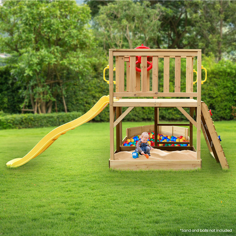 Rovo Kids Boat-Shaped Wooden Sand Pit Tower with Slide and Climbing Wall