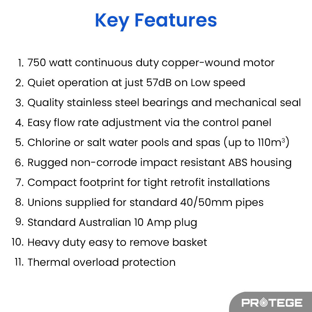 PROTEGE Variable Speed Pump, 1.0HP, 3 Speeds, Quiet, Economical, for Swimming Pool and Spa