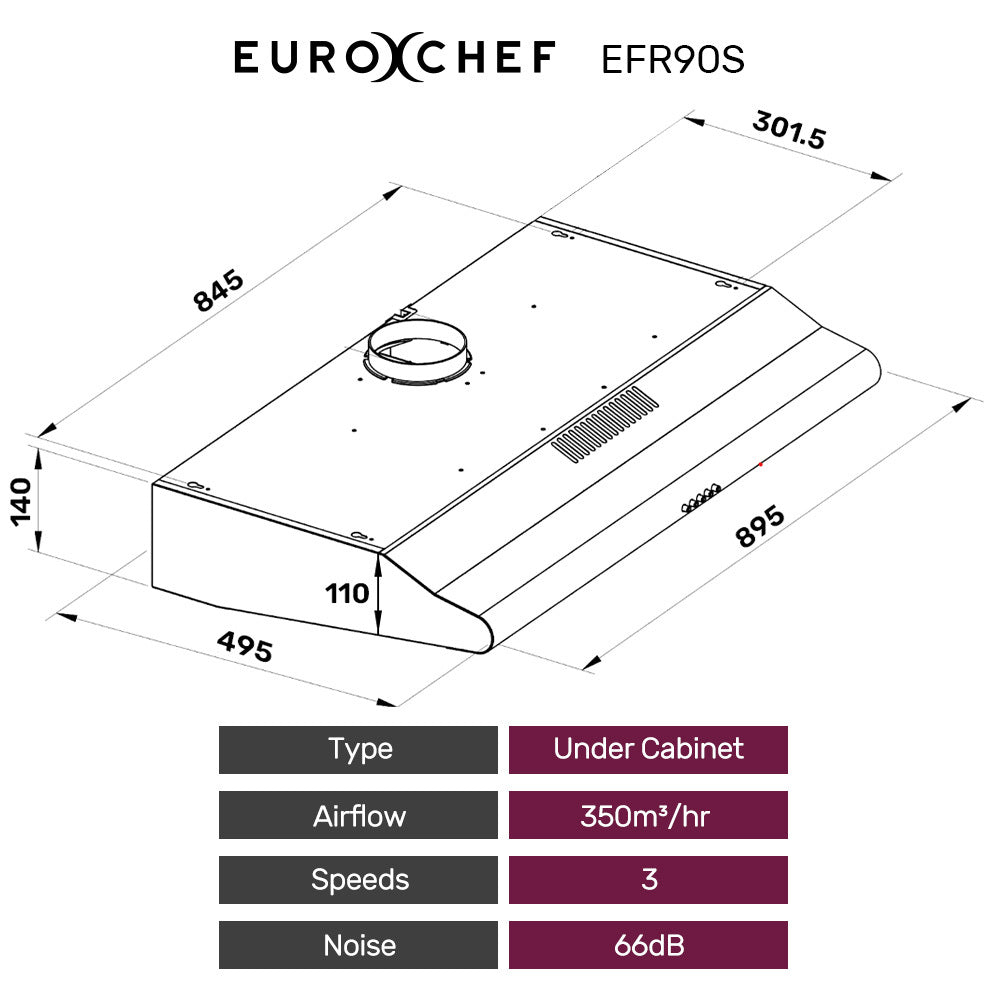 EUROCHEF 90cm Fixed Stainless Steel Rangehood, Quiet 3-Speed, 4-Layer Dishwashable Filters, Halogen Lights EFR90S