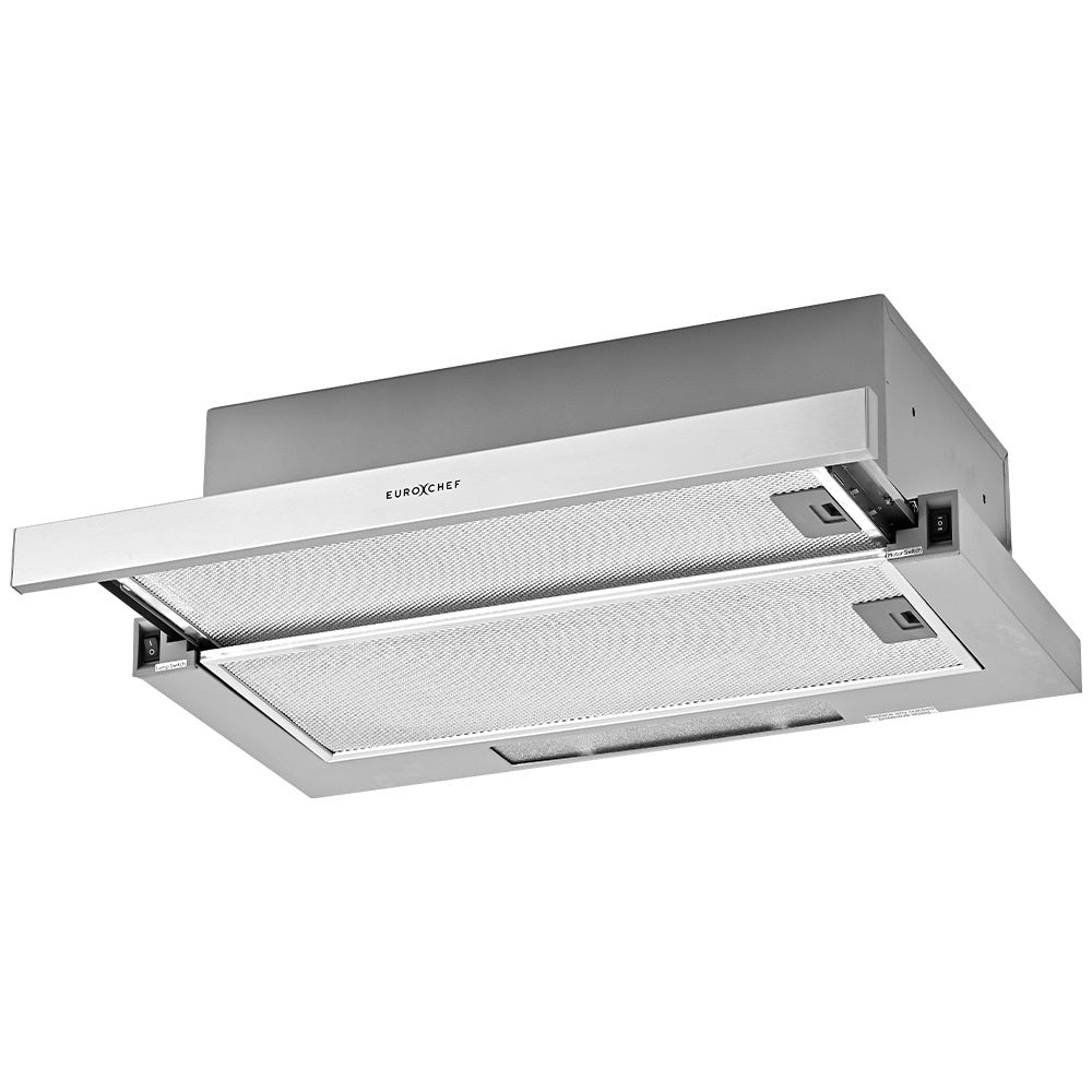 EUROCHEF 60cm Slideout Stainless Steel Rangehood, Quiet 2-Speed, 3-Layer Dishwashable Filters, Halogen Lights ESR60S