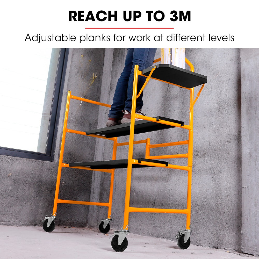 BAUMR-AG Mobile Scaffold Platform, 226kg Load, Steel Frame, Dual Height, Folding for easy Transport and Storage, Locking Castors, Tool Tray