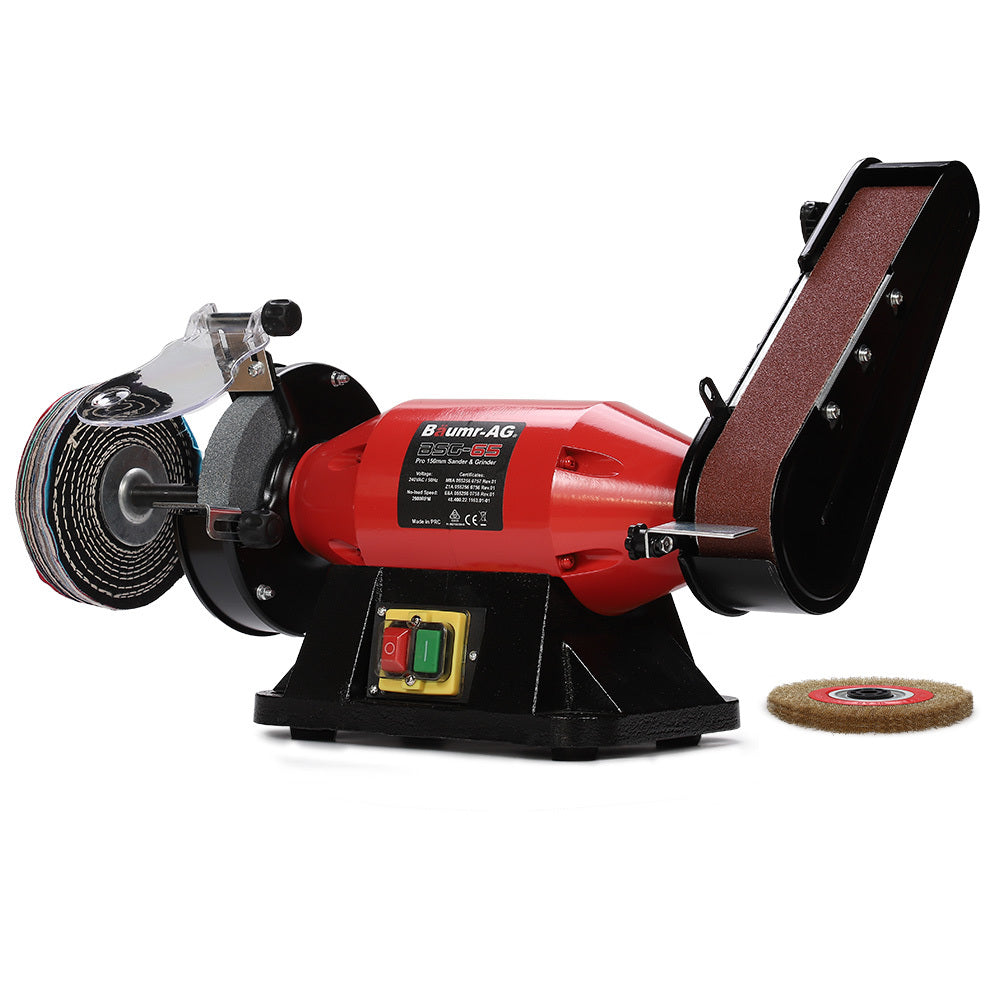 BAUMR-AG Bench Grinder Sander and Polisher Combo, 150mm Grinding Wheel, 50mm Linisher, 520W Brushless Motor, w/ Wire and Buffing Wheels