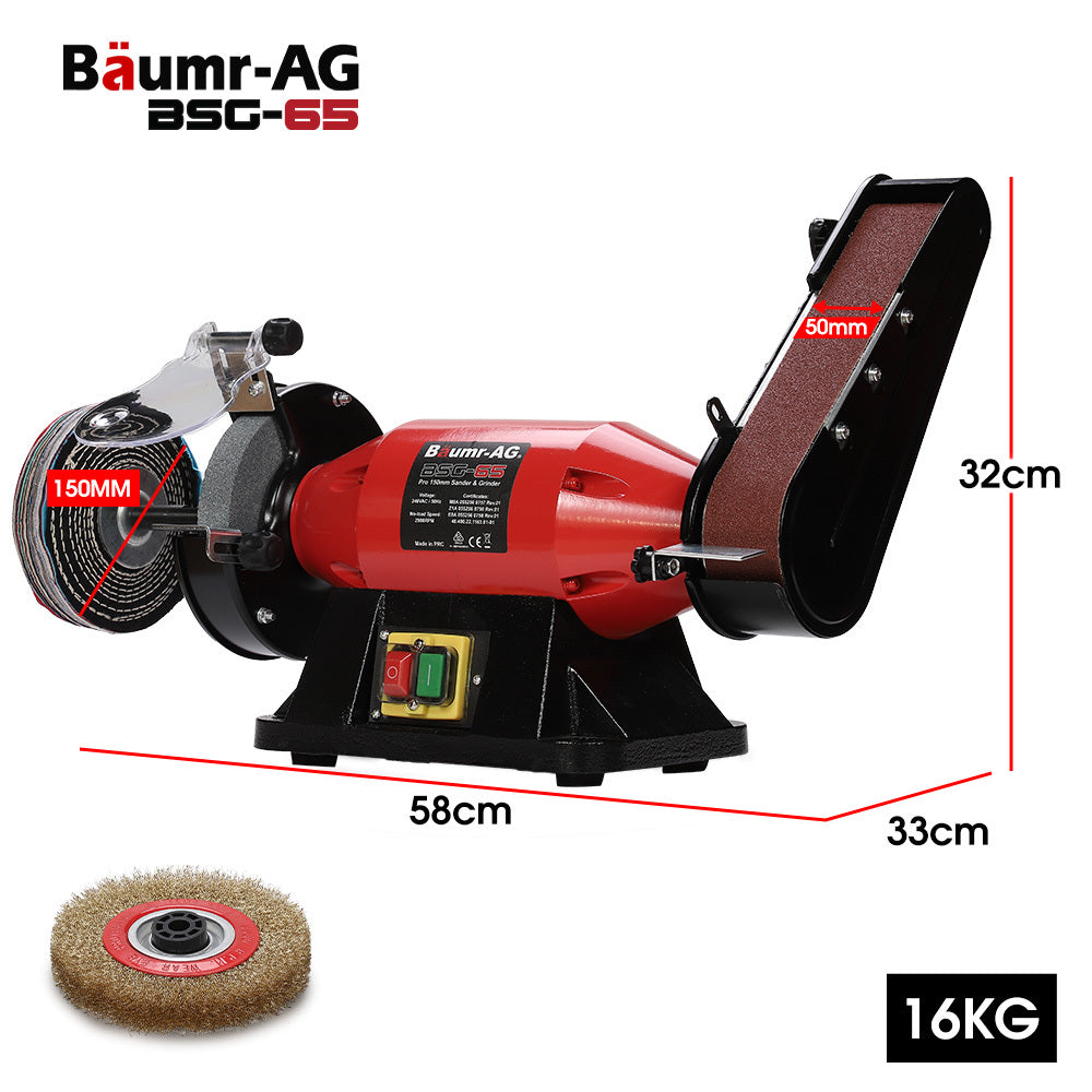 BAUMR-AG Bench Grinder Sander and Polisher Combo, 150mm Grinding Wheel, 50mm Linisher, 520W Brushless Motor, w/ Wire and Buffing Wheels