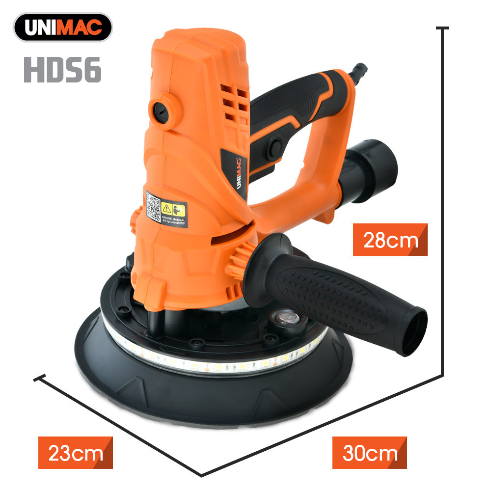 UNIMAC 180mm 850W Handheld Drywall Sander, Electric Dry Wall Sanding Machine, with Automatic Vacuum System, LED Worklight, 6x Sanding Discs