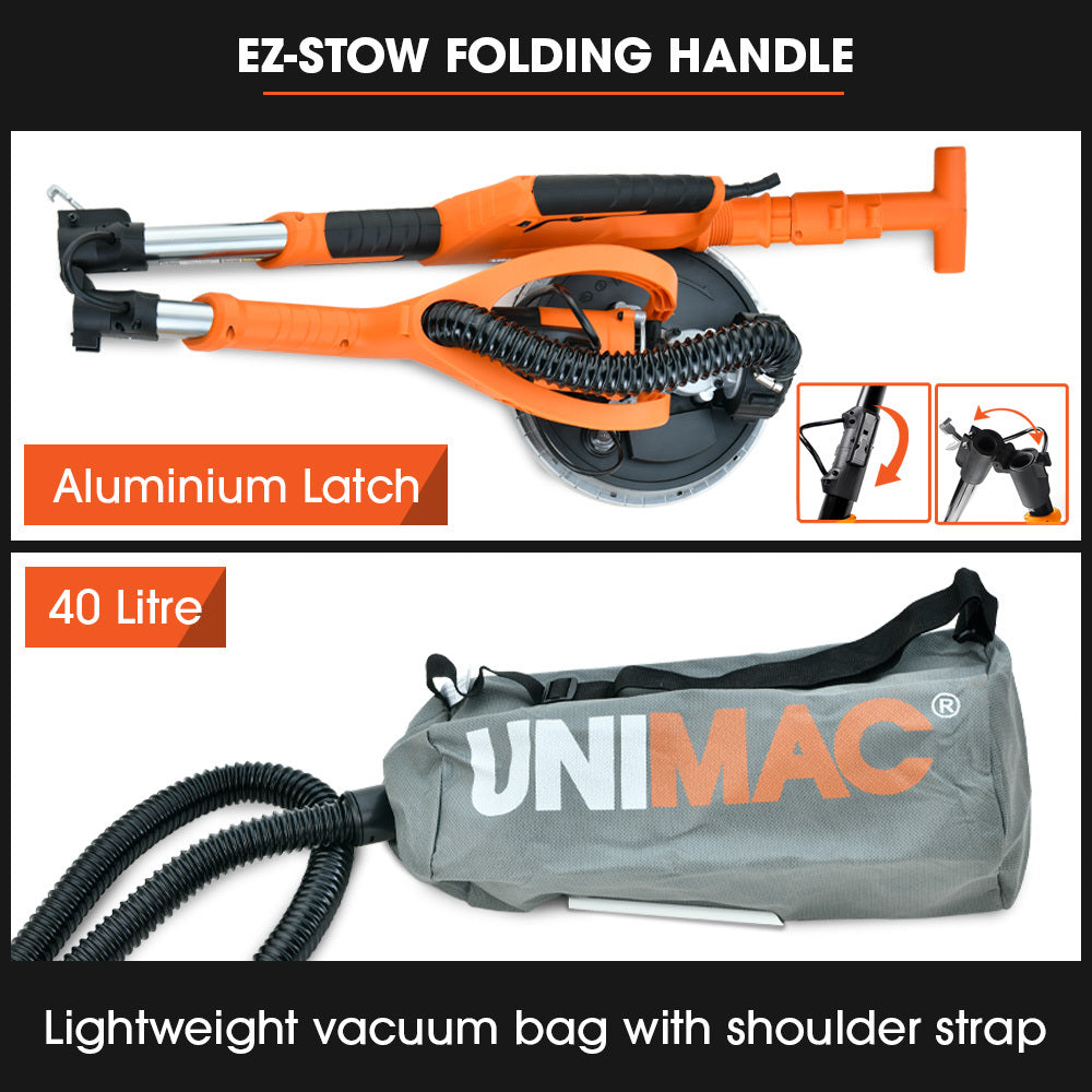 Unimac 225mm 750W Telescopic Long Reach Dry Wall Sander Kit, Foldable, Vacuum System, LED Worklight, 6x Sanding Discs