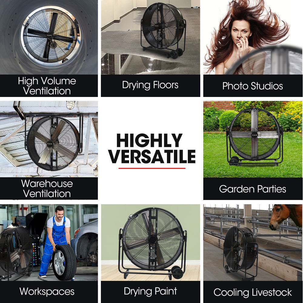 BAUMR-AG 42" 1067mm 660W Industrial Mobile Floor Drum Fan, Belt Drive, Tilting, Large, Commercial,  Heavy-duty Frame, EESS Certified