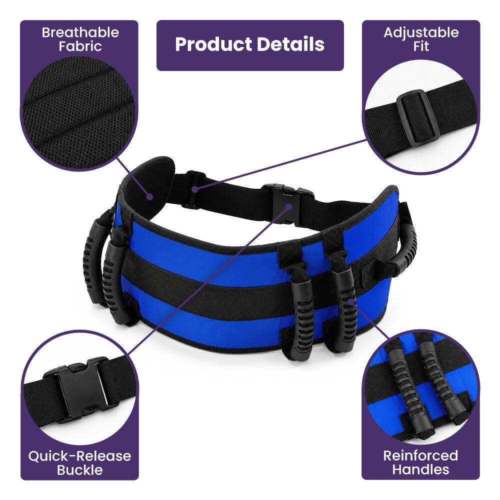 EQUIPMED Adjustable Patient Transfer Gait Belt with 6 Handles, Walking & Mobility Support, Blue