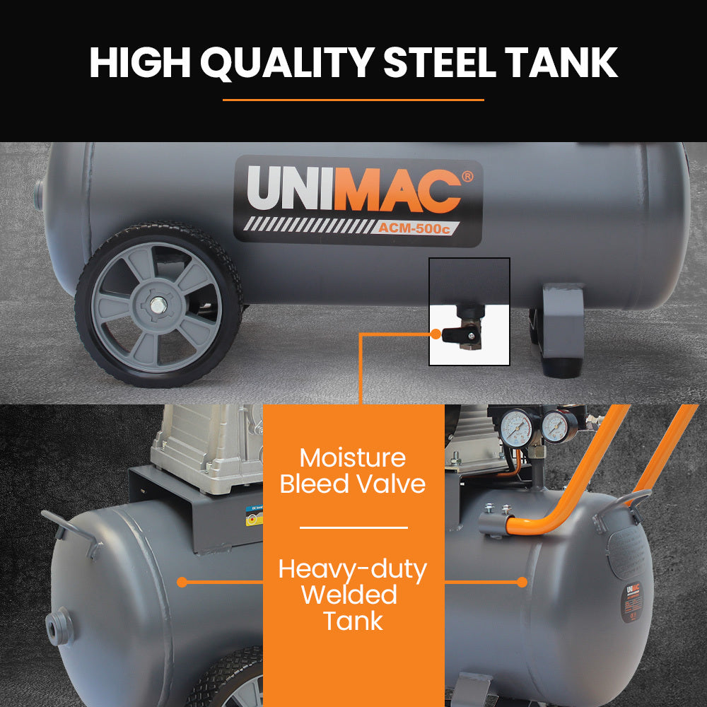 UNIMAC 50L 2.2kW Commercial Air Compressor, 280L/min 116PSI, Brushless Motor, Certified Tank, Long Service Life