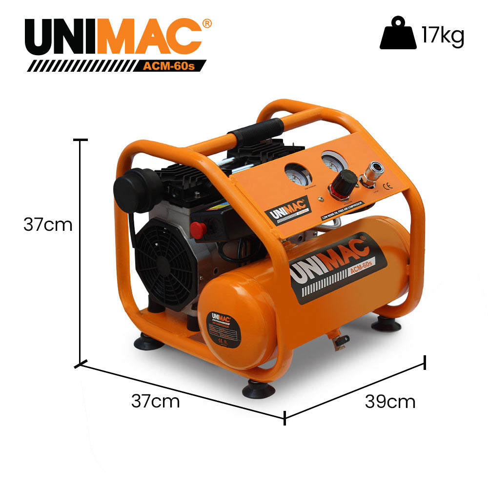 Unimac 1.5HP 6L Silent Oil-Free Portable Electric Air Compressor, for Airtools, Tyre Inflation