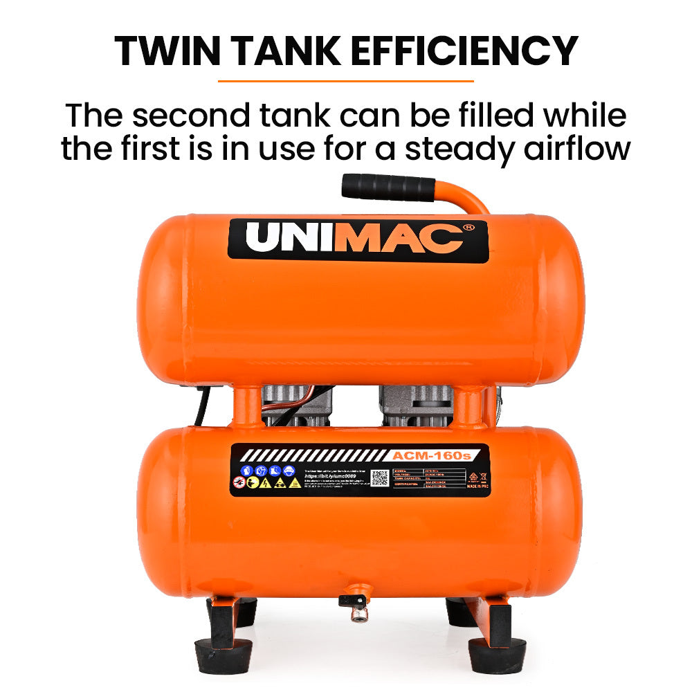 UNIMAC 16L Twin Tank Air Compressor, 116PSI Portable Silent Oil-Free Electric, for Airtools Tyre Inflation