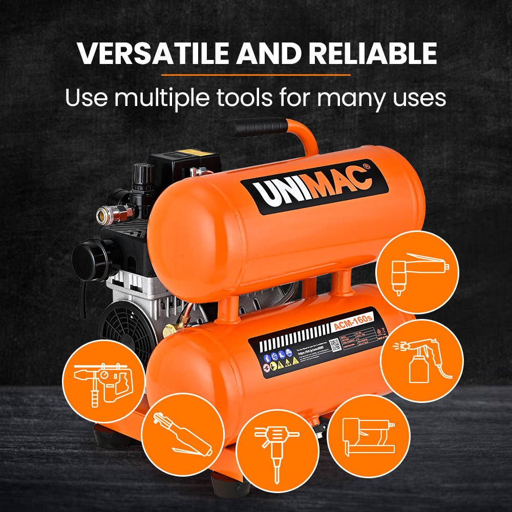 UNIMAC 16L Twin Tank Air Compressor, 116PSI Portable Silent Oil-Free Electric, for Airtools Tyre Inflation