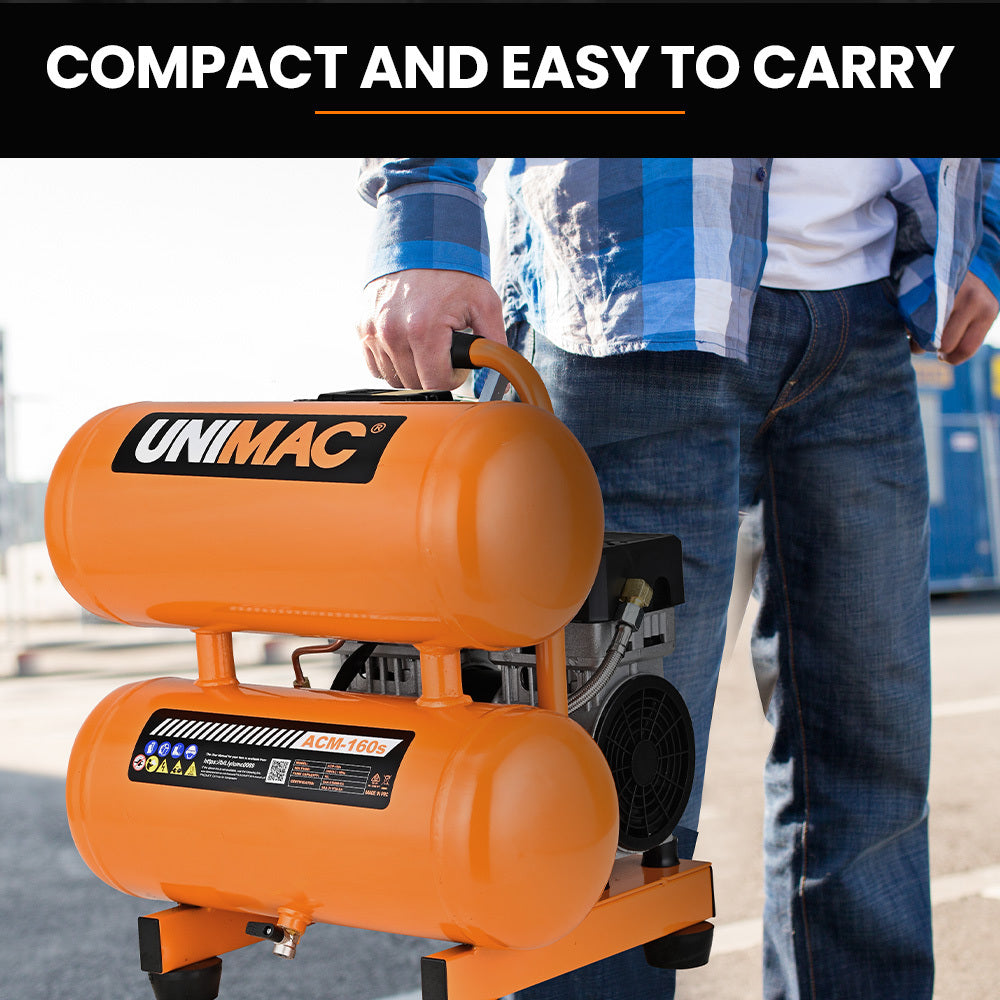 UNIMAC 16L Twin Tank Air Compressor, 116PSI Portable Silent Oil-Free Electric, for Airtools Tyre Inflation