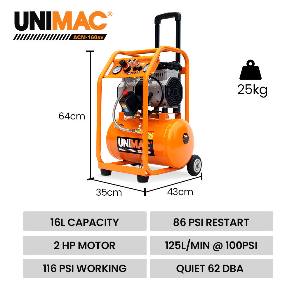 Unimac 16L Silent Oil-Free Electric Air Compressor, 116PSI Portable with Wheels and Handle, Twin Nitto Outlets for Airtools, Tyre Inflation