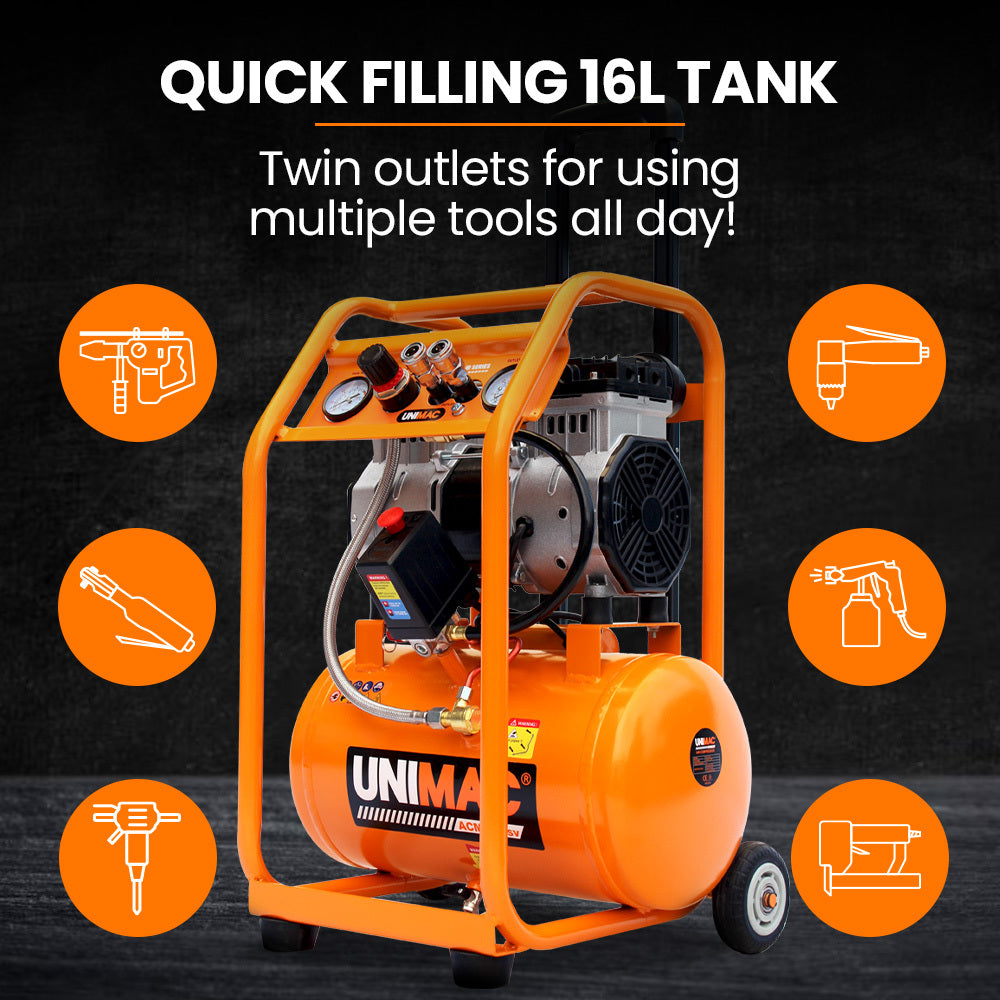 Unimac 16L Silent Oil-Free Electric Air Compressor, 116PSI Portable with Wheels and Handle, Twin Nitto Outlets for Airtools, Tyre Inflation