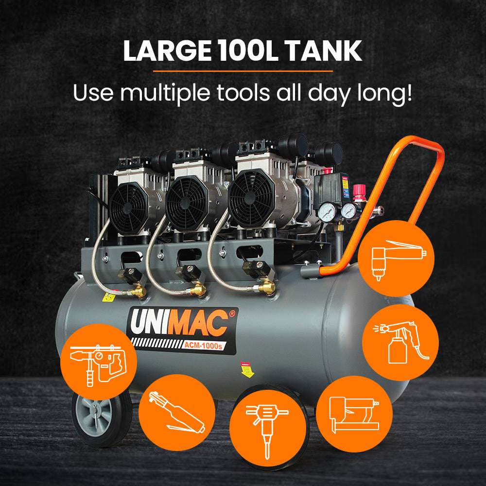 UNIMAC 100L 4.5HP Silent Oil-Free Air Compressor, with Twin Nitto Outlets, 15A Plug