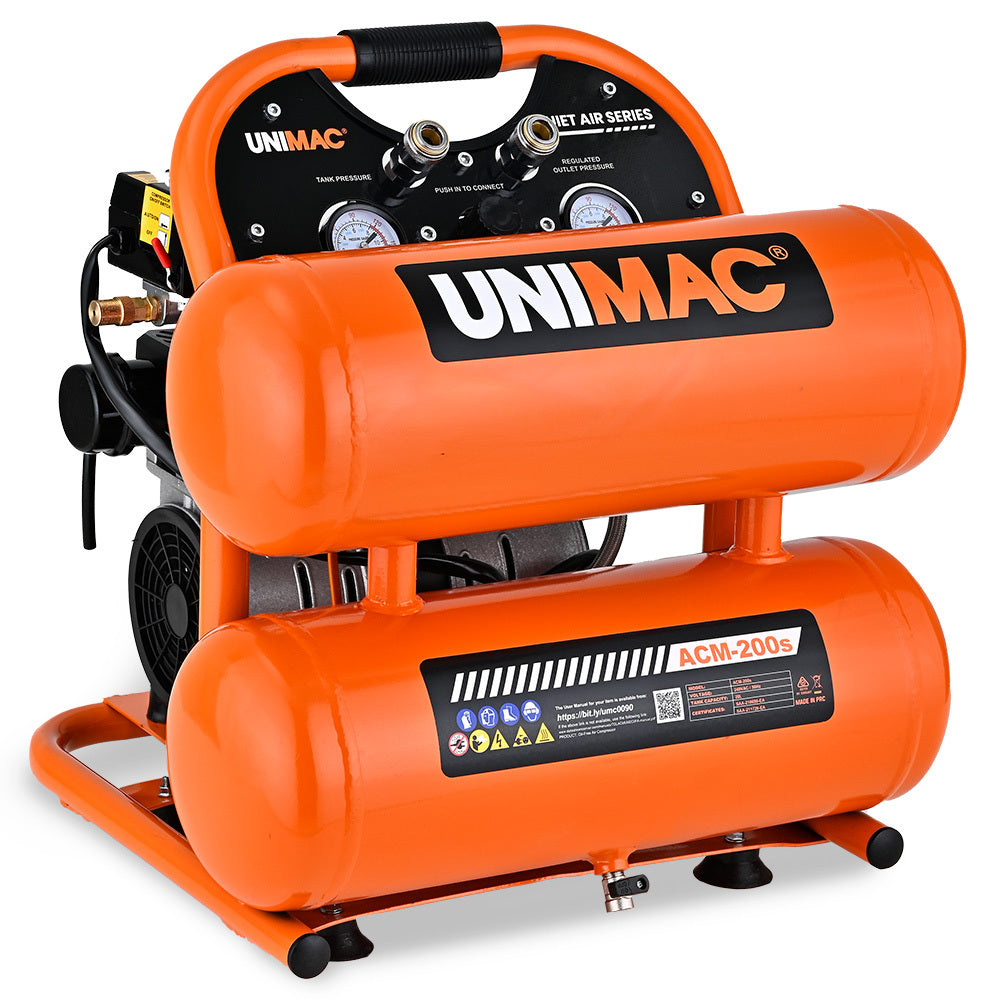 UNIMAC 20L Twin Tank Air Compressor, 116PSI Portable Silent Oil-Free Electric, for Airtools Tyre Inflation