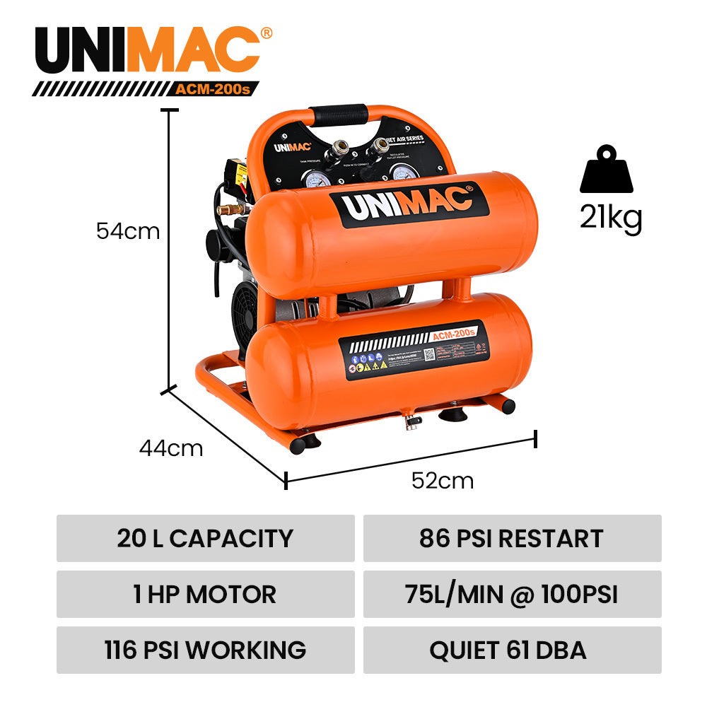 UNIMAC 20L Twin Tank Air Compressor, 116PSI Portable Silent Oil-Free Electric, for Airtools Tyre Inflation