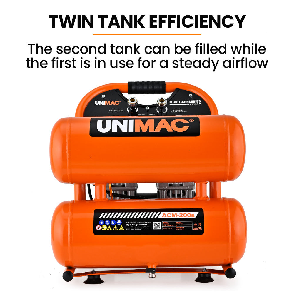 UNIMAC 20L Twin Tank Air Compressor, 116PSI Portable Silent Oil-Free Electric, for Airtools Tyre Inflation