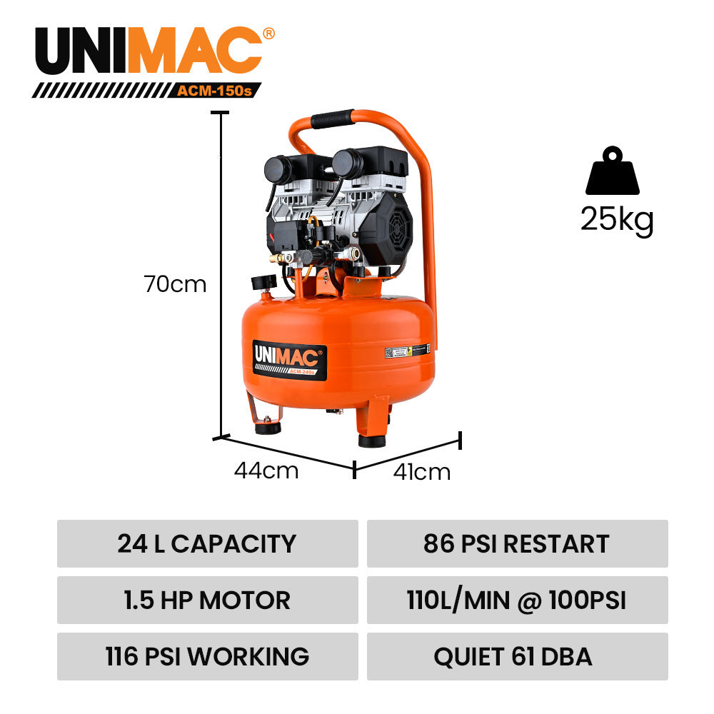 UNIMAC 24L Pancake Air Compressor, 116PSI Portable Silent Oil-Free Electric, for Airtools Tyre Inflation