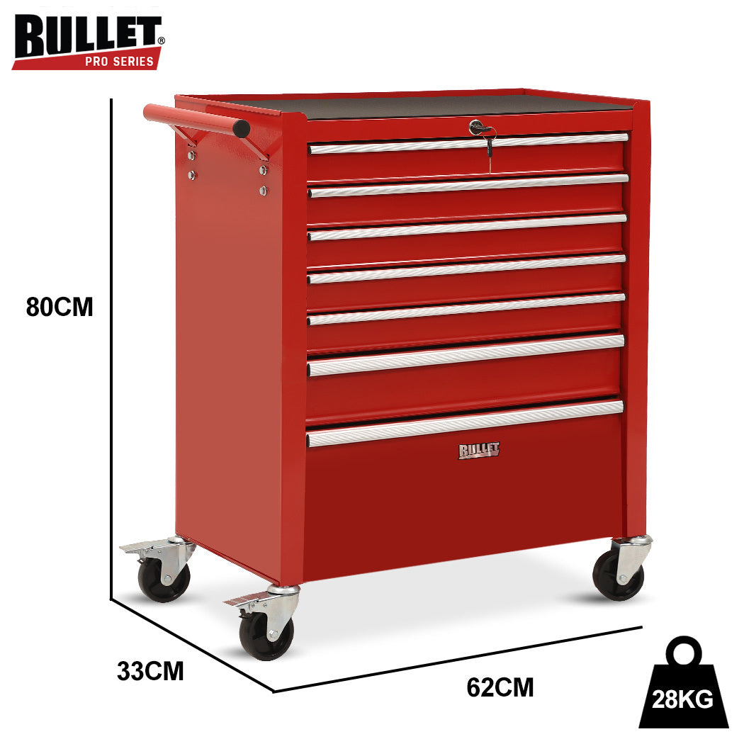 BULLET Pro 7 Drawer Tool Box Cabinet Trolley Storage, Toolbox Garage Organiser Set, Red