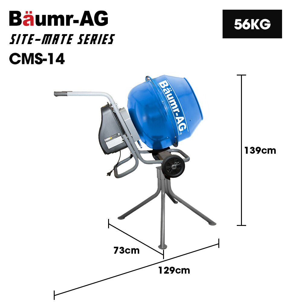 BAUMR-AG 140L Portable Cement Concrete Mixer with Pedestal Stand, 550W Electric Motor, 10 Inch Solid Rubber Wheels