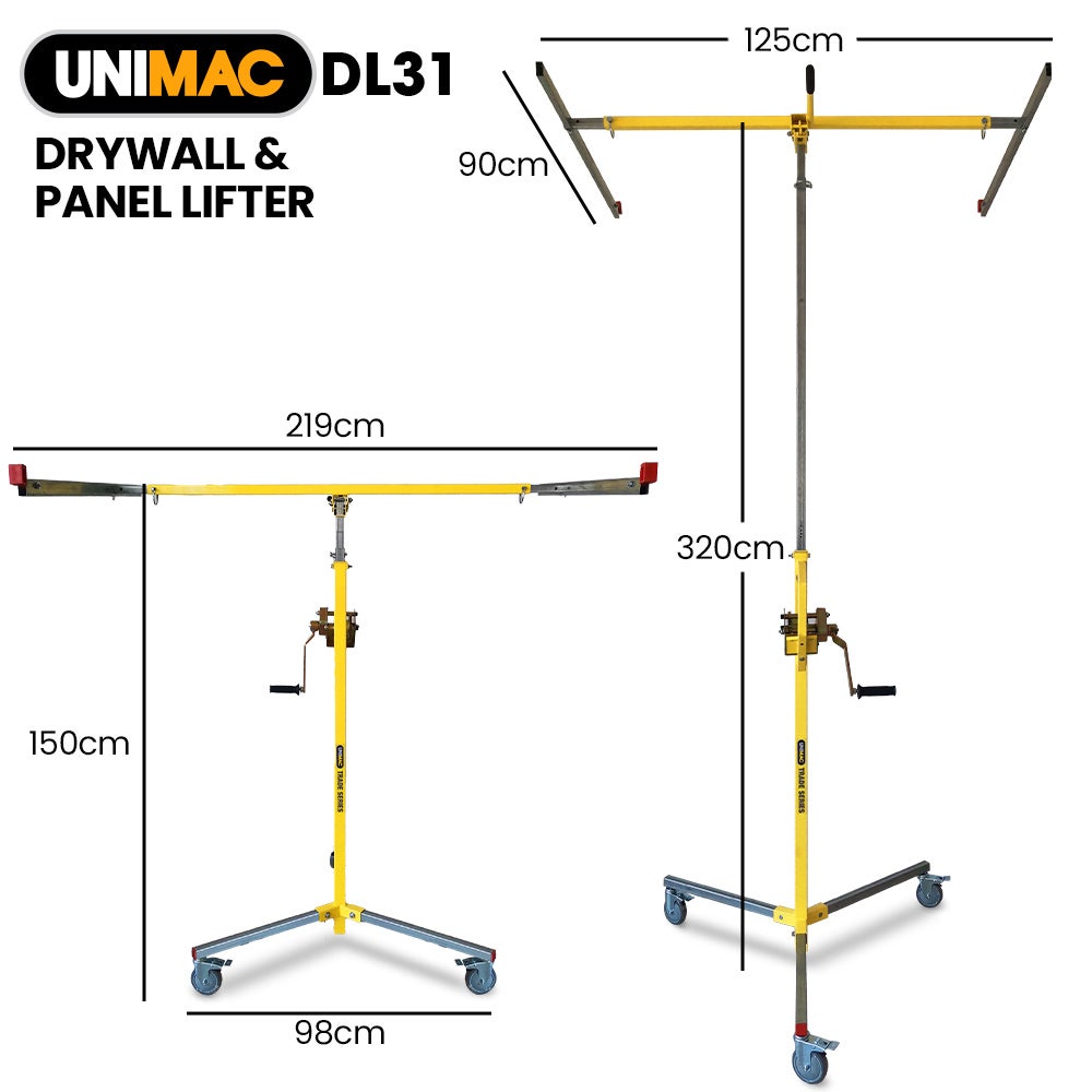 UNIMAC Drywall & Panel Lifter, 1200 x 3600 68kg Max Gyprock Sheet, Galvanised, No-mark Locking Castors