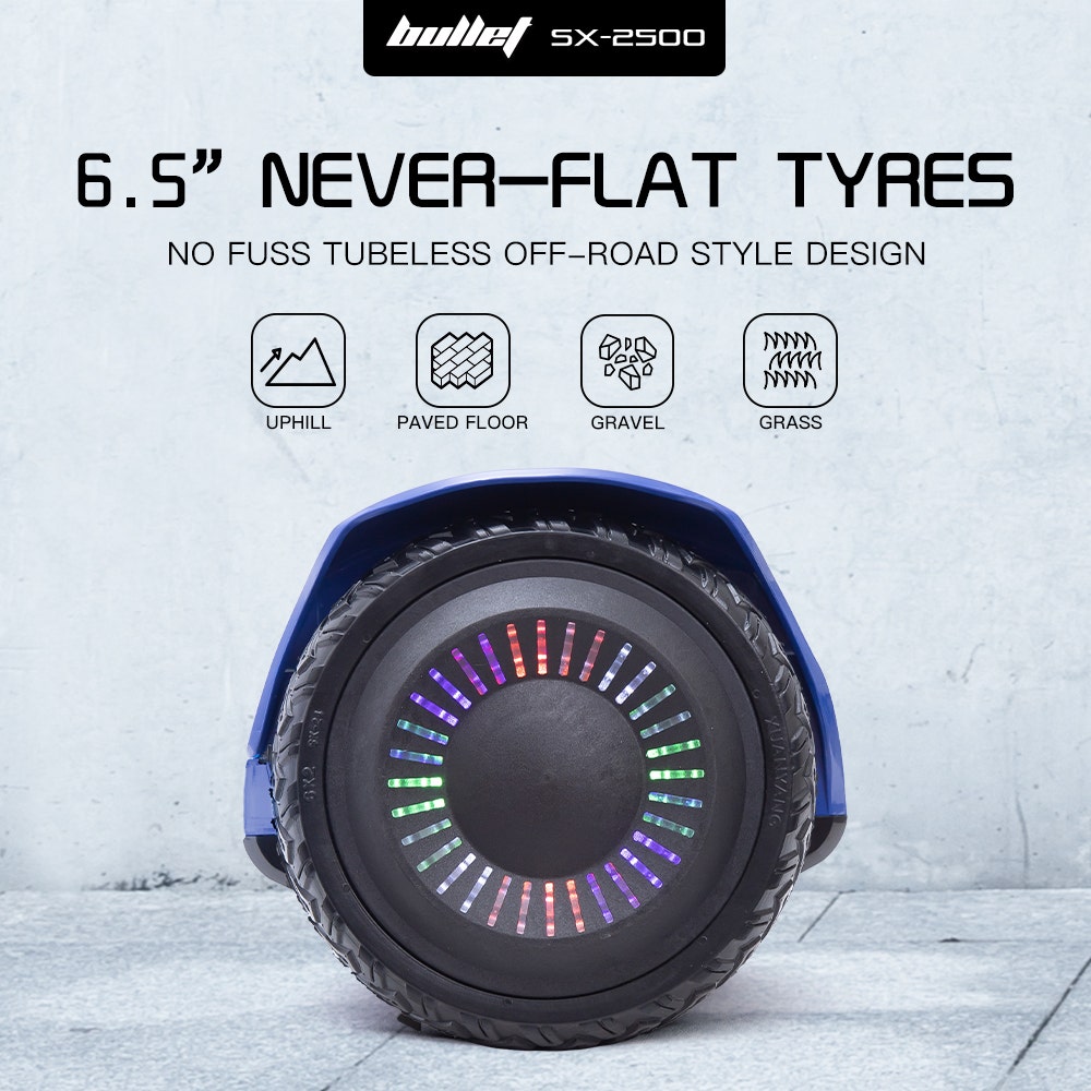 BULLET SX-2500 Hoverboard Scooter, 500W Brushless, UL Certified, AU Compliant, 6.5-inch Off-Road Style Tyres, Superior Self Balancing System, LED Lights, Blue