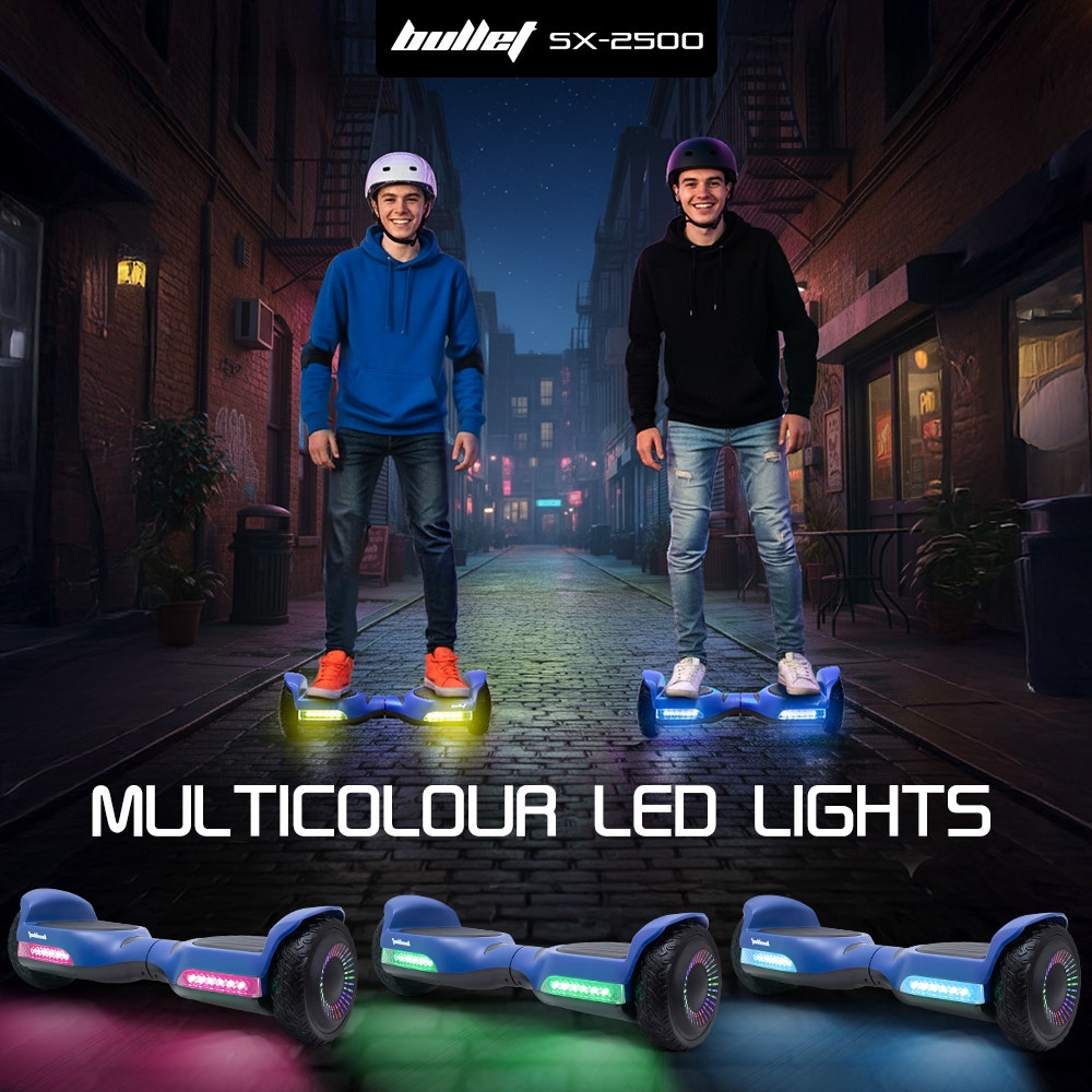 BULLET SX-2500 Hoverboard Scooter, 500W Brushless, UL Certified, AU Compliant, 6.5-inch Off-Road Style Tyres, Superior Self Balancing System, LED Lights, Blue